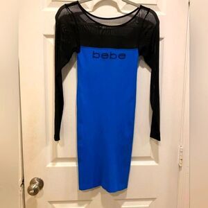 Bebe Logo Mesh Dress, Women's sz  Small Petite, Black & Royal Blue.